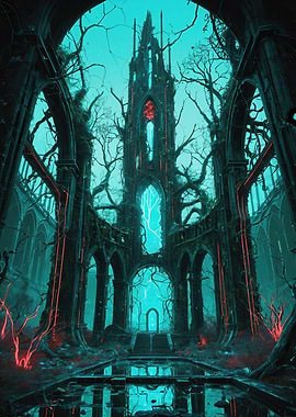 Glowing Gothic Ruins — Neon Teal Cathedral in Overgrown Forest