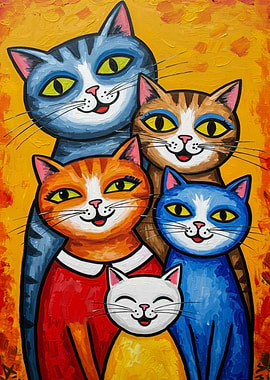 Colorful Cat Family Portrait Painting
