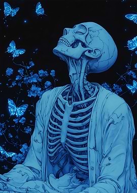 Blue Skeleton with Butterflies