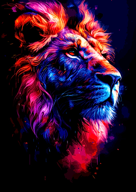 Colorful Lion Portrait on Black Background