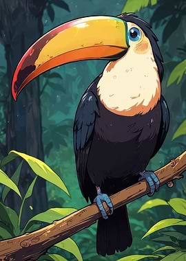 Cartoon Toucan on Branch in Jungle