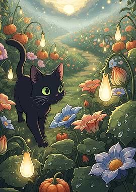 Black Cat in a Pumpkin Patch