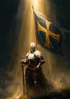 Knight with Flag in Golden Light