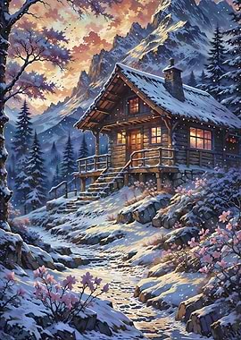 Winter Cabin in Snowy Mountains