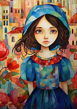 Girl in Blue Hood Watercolor Painting