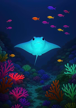Cartoon Ray in Colorful Coral Reef