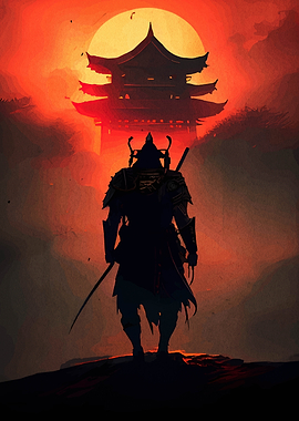 Silhouette of Samurai with Temple Background