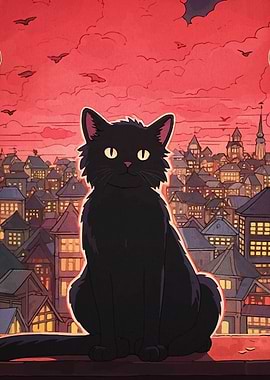 Black Cat Overlooking Cityscape