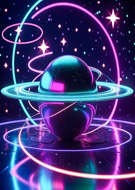 Neon Planet with Rings and Stars