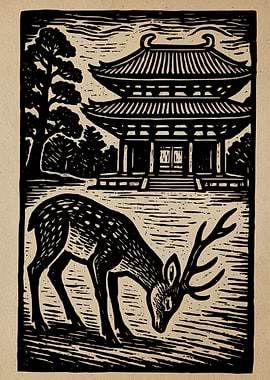 Deer and Temple Woodcut Print