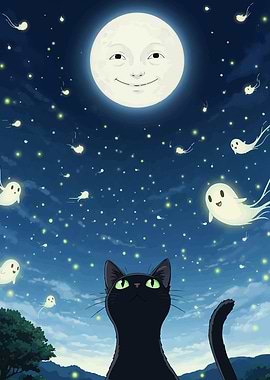 Black Cat, Moon, and Ghosts