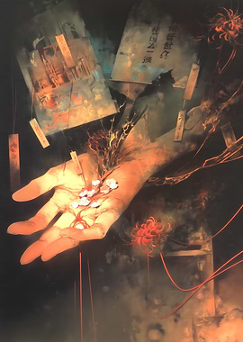 Hand with Flowers and Japanese Text