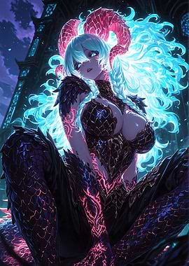 Horned Demon Girl with Glowing Hair