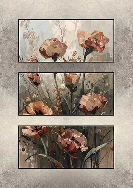 Abstract Floral Triptych Painting