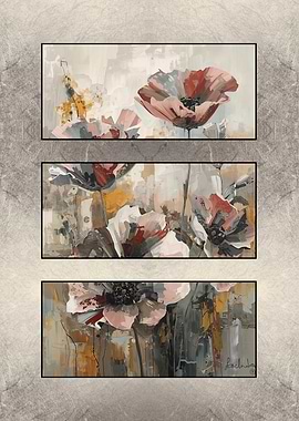 Floral Triptych Painting in Grey and Pink