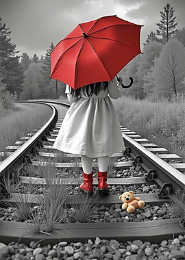 Girl with Red Umbrella on Railroad