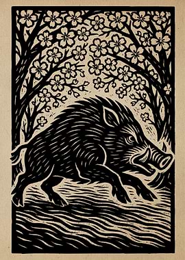 Boar with Cherry Blossoms Woodcut Print