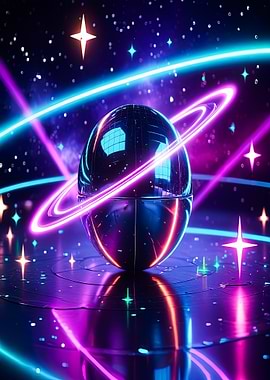 Neon Planet with Rings in Space