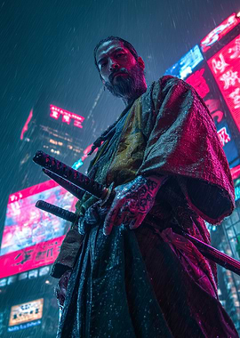 Cyberpunk Samurai in Rainy Cityscape
