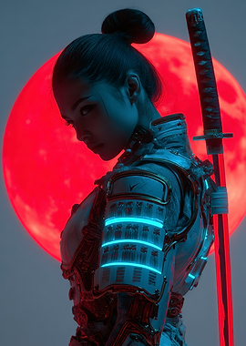Cyberpunk Samurai Woman with Red Moon