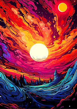 Colorful Psychedelic Landscape with Celestial Bodies
