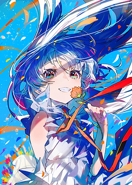 Anime Girl with Flower and Confetti