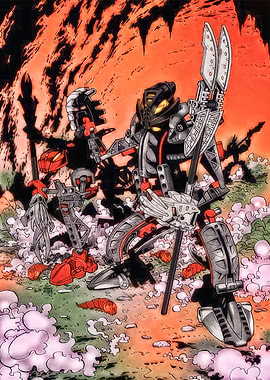 Bionicle Robot Figures in Orange Landscape