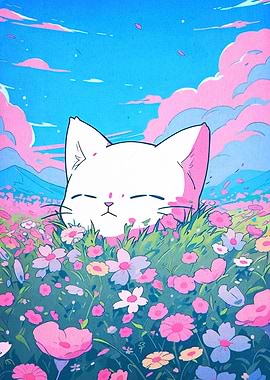 White Cat in Flower Field
