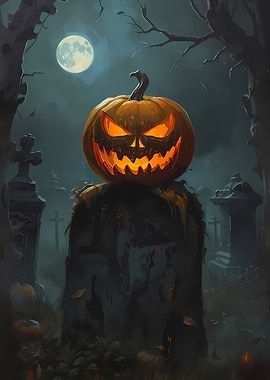 Halloween Pumpkin Scarecrow in Graveyard