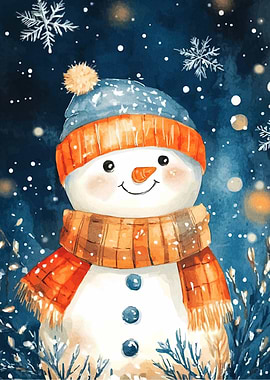 Watercolor Snowman with Hat and Scarf