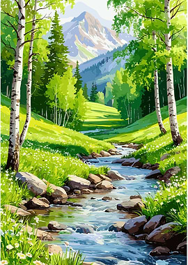 Mountain Stream Landscape Painting