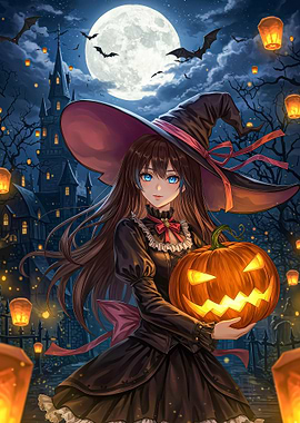Anime Witch with Pumpkin on Halloween Night