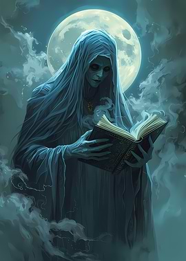 Ghostly Figure Reading Book Under Moonlight