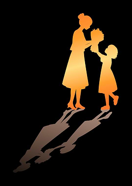 Mother and Daughter Silhouette with Flowers