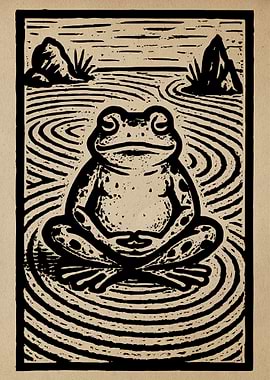 Meditating Frog Linocut Print