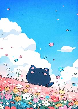 Cute Cat in a Flower Field