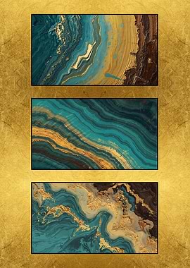 Abstract Teal and Gold Beach Triptych