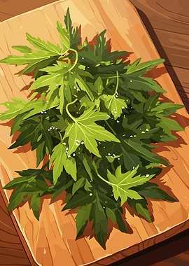 Fresh Green Leaves on Wooden Board