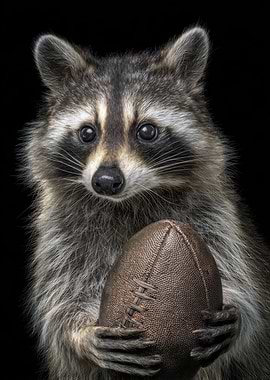 Raccoon Holding Football on Black Background