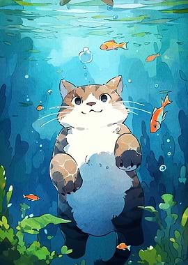 Cartoon Cat Swimming Underwater with Fish