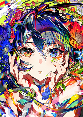 Colorful Anime Girl with Floral Accents