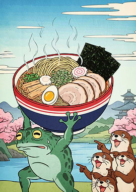 Frog Carrying Ramen Bowl Otters