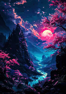 Pink Moonlit Mountain River Landscape