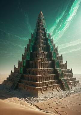 Emerald Ziggurat — Desert Pyramid with Glowing Crystal Veins