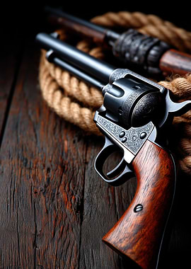 Revolver and Rifle on Wooden Surface