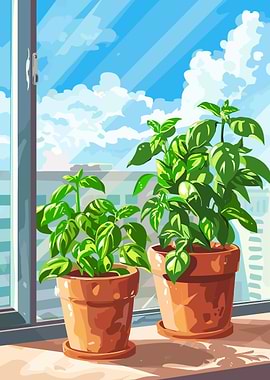 Basil plants by the window