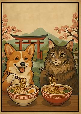 Corgi and Cat Eating Ramen