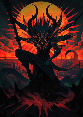 Horned Demon in Fiery Landscape
