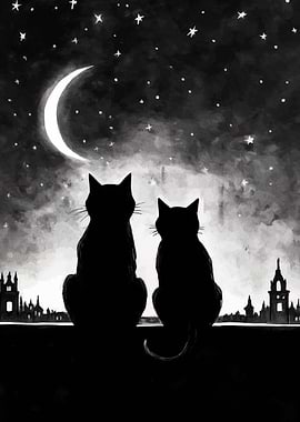 Two Cats Under the Moon