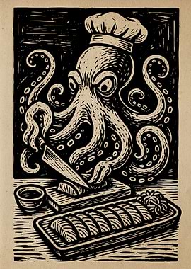 Octopus Chef Preparing Sushi Woodcut Art
